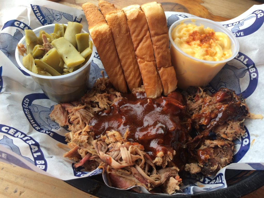 Central BBQ signature dishes BBQ Nachos, Pulled Pork Sandwich, Ribs (wet or dry), Memphis BBQ, Rack of Ribs